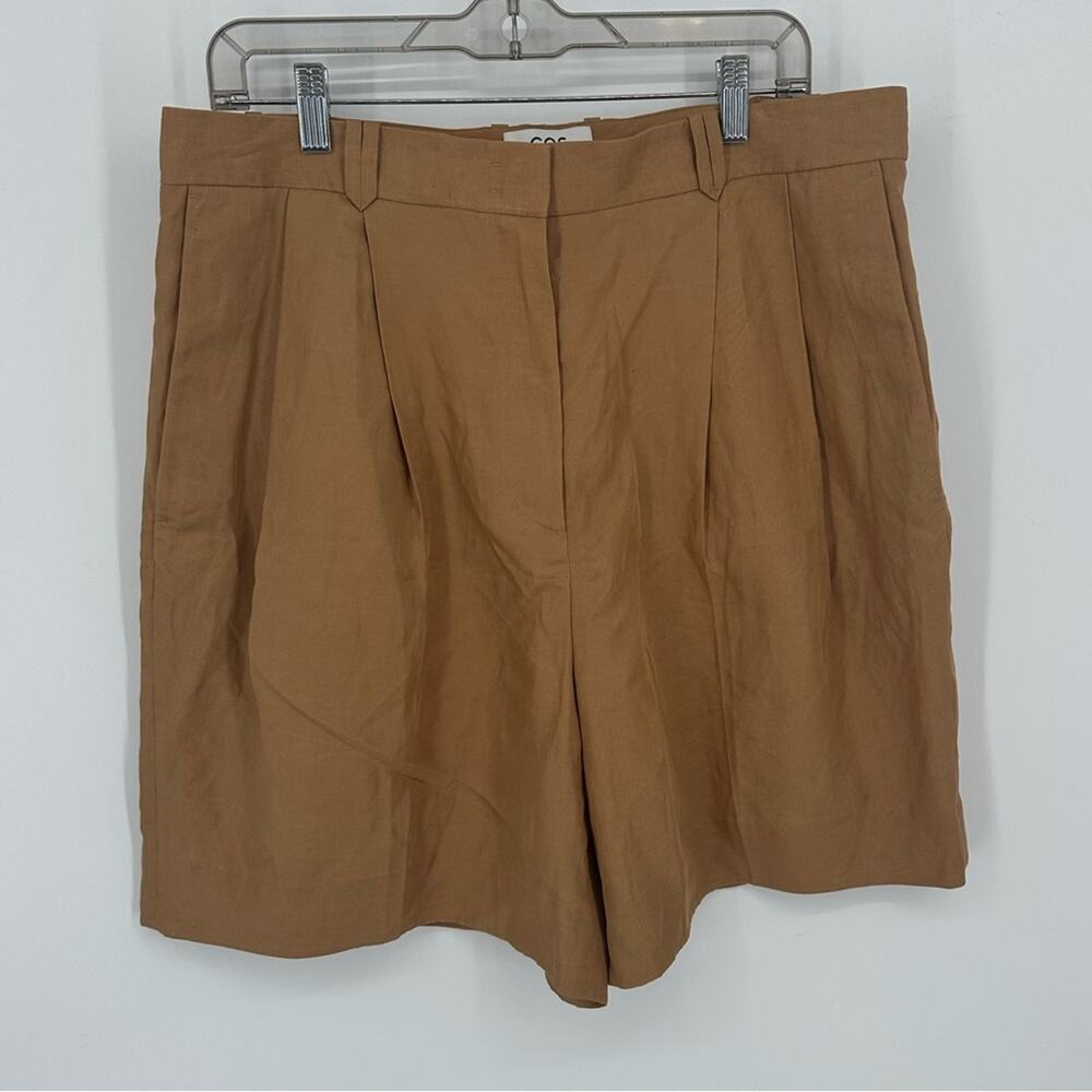 COS Rowy Tan Brown Relaxed Shorts Linen Blend Pleated Work Career Size 14 Office
